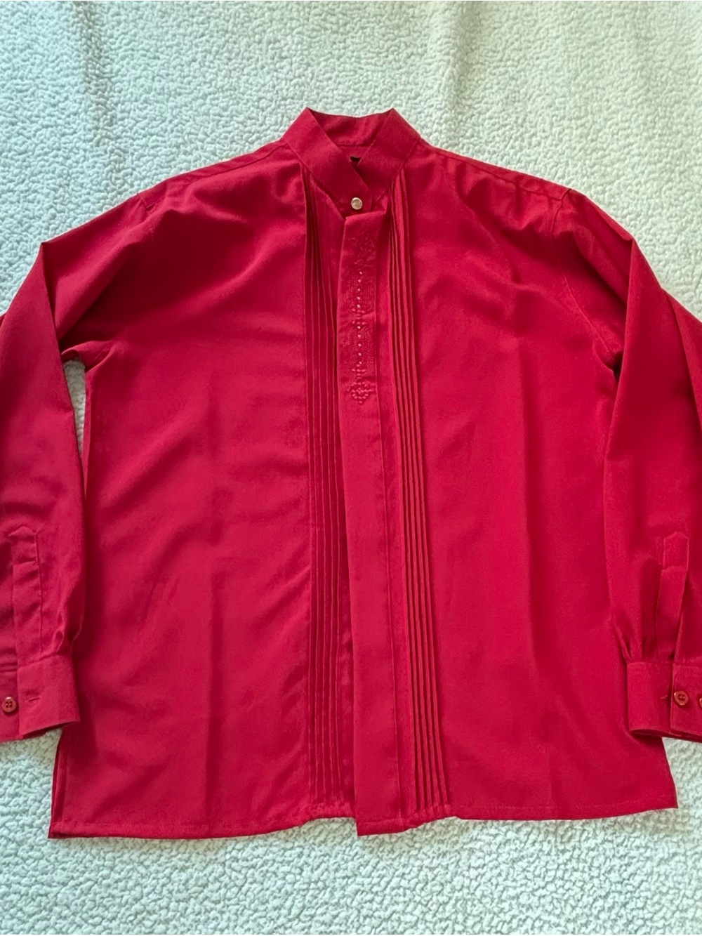 Men's Red Pleated Front Dress Shirt with Mandarin Collar
